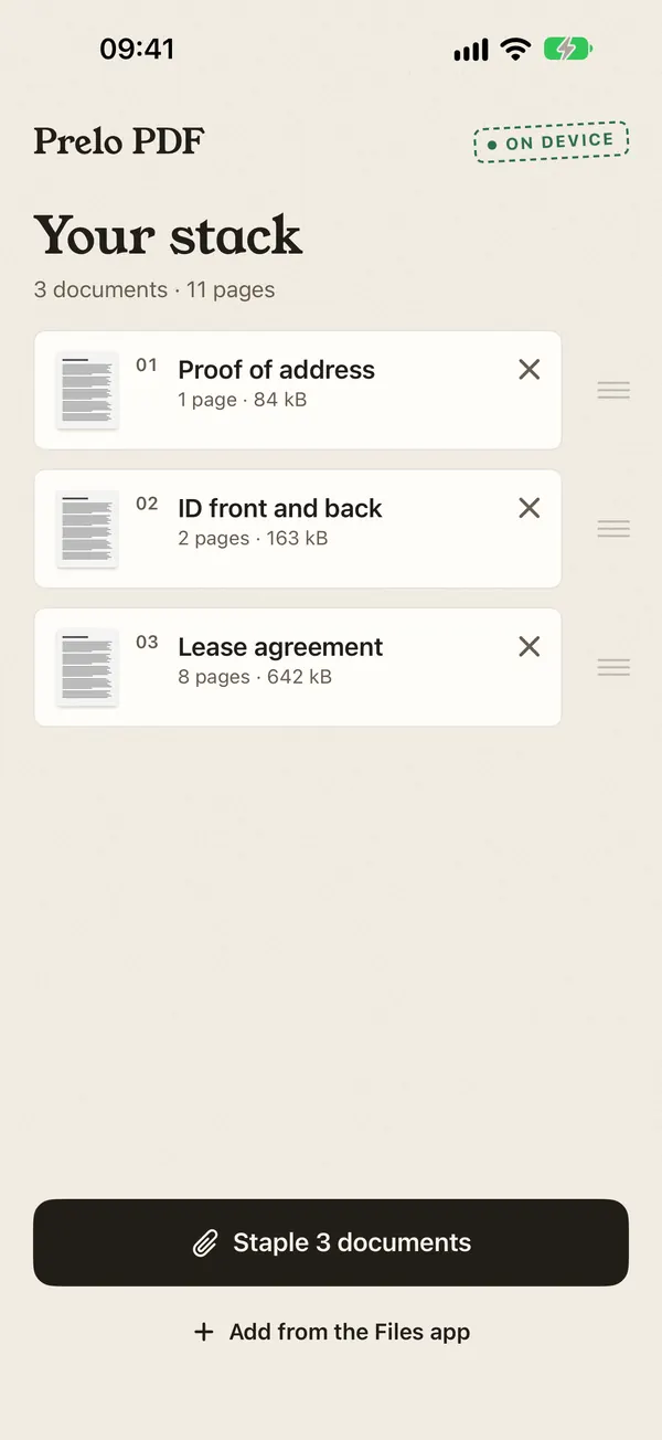 Stack of three documents with handles to drag and reorder