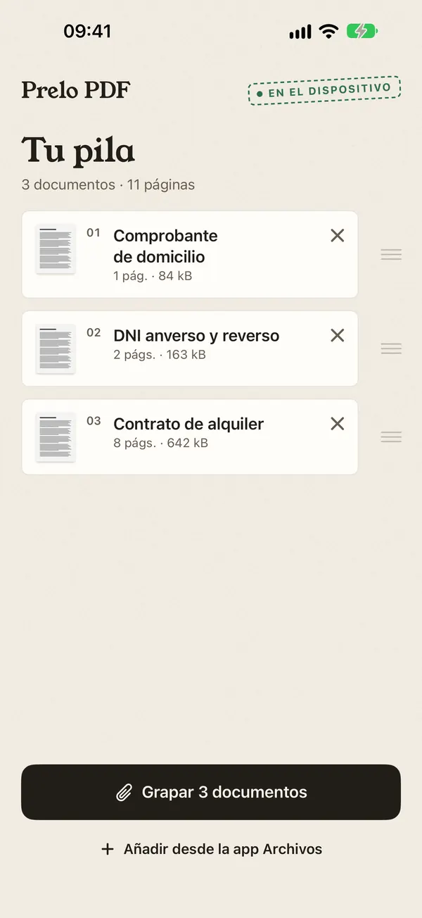 Pila con tres documentos y el botón Grapar 3 documentos