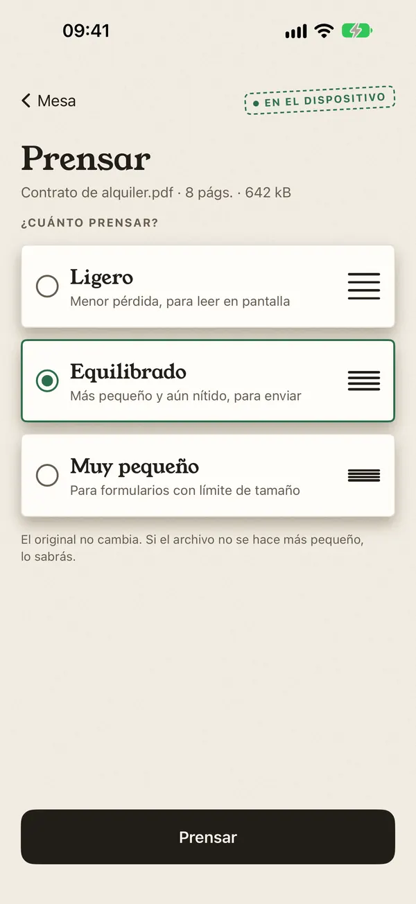 Pantalla Prensar con los niveles Ligero, Equilibrado y Muy pequeño