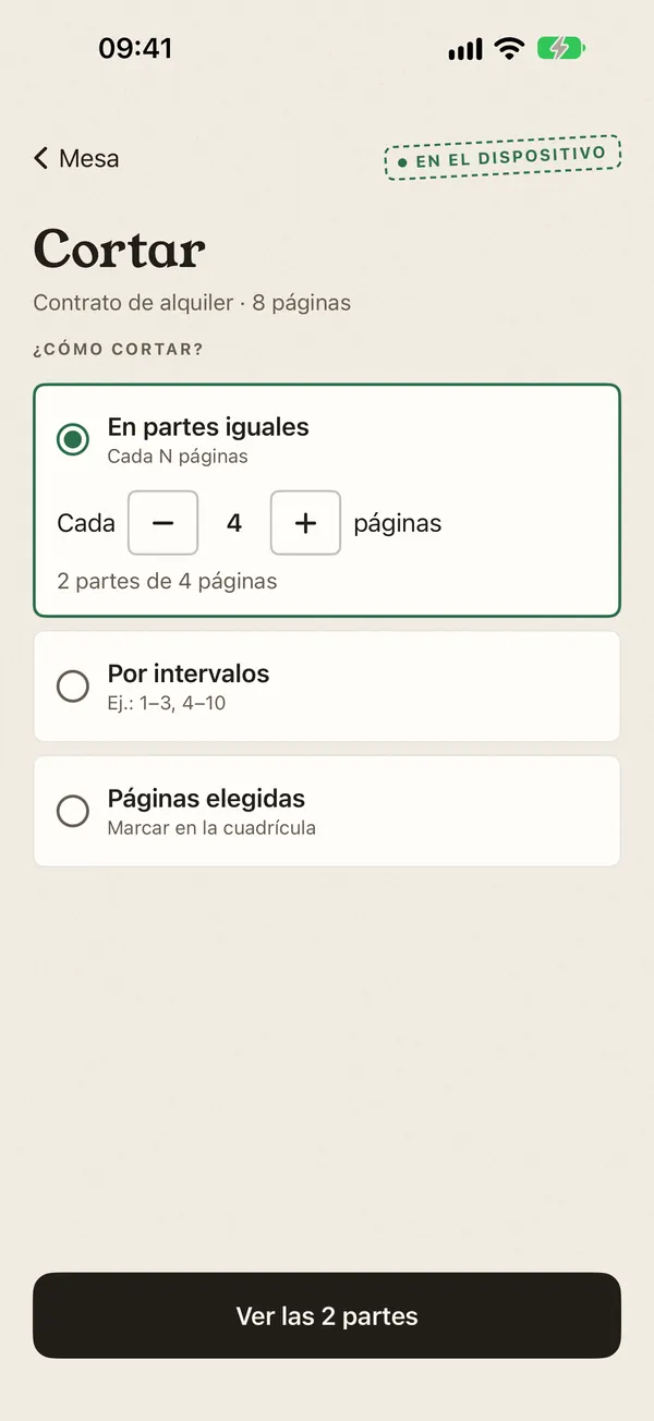 Pantalla Cortar con la opción de partes iguales