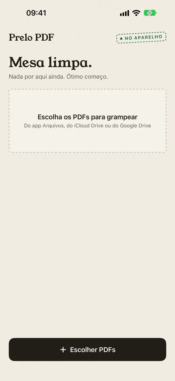 Tela inicial do Prelo PDF com o botão Escolher PDFs
